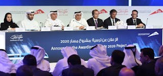 Al Tayer and Lafarge during the press conference for announcing Route 2020.