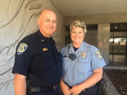 Lt. Ed Alvarez, left, and Community Service Officer Jodi Brunker, two of the lead organizers for this year&rsquo;s BART participation in National Night Out.