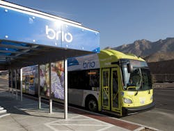 Uniquely branded 60-foot articulated buses transport more than 70 passengers between Brio stations.