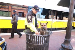 Argo with handler Corporal Mace De Los Santos, Dallas Area Rapid Transit. Argo with handler Corporal Mace De Los Santos, Dallas Area Rapid Transit.