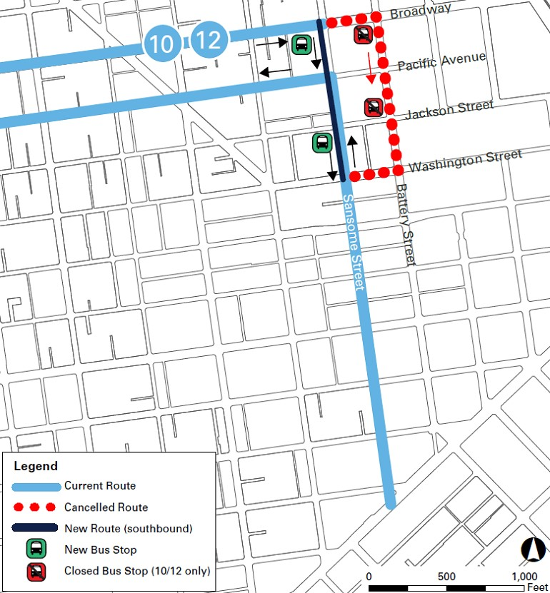Muni&rsquo;s 10 Townsend and 12 Folsom/Pacific routes will be re-aligned to use the new southbound lane on Sansome.