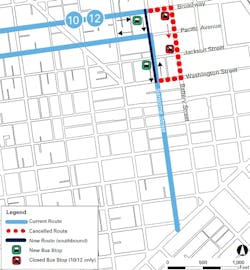 Muni’s 10 Townsend and 12 Folsom/Pacific routes will be re-aligned to use the new southbound lane on Sansome. Muni’s 10 Townsend and 12 Folsom/Pacific routes will be re-aligned to use the new southbound lane on Sansome.
