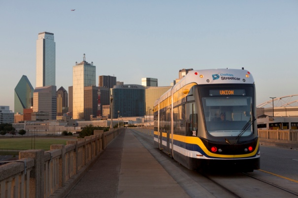 A Brookville Liberty Streetcar crosses the Houston Street Viaduct in Dallas without the use of overhead wire. The American manufacturer shipped its fourth Liberty Streetcar to Dallas the week of July 25, 2016.