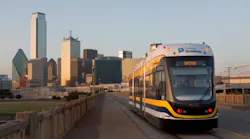 A Brookville Liberty Streetcar crosses the Houston Street Viaduct in Dallas without the use of overhead wire. The American manufacturer shipped its fourth Liberty Streetcar to Dallas the week of July 25, 2016.