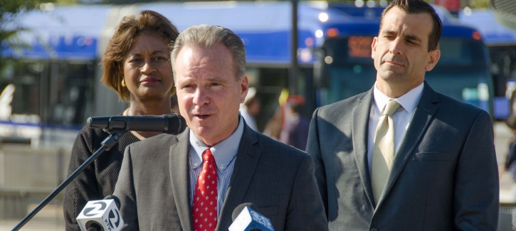 MTC Chair Dave Cortese speaks at the TRIP press conference, flanked by VTA General Manager Nuria Fernandez (left) and MTC Commissioner and San Jose Mayor Sam Liccardo (right).
