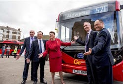 Leon Daniels, MD Surface Transport, TfL; Wang Chuanfu, Chairman, BYD; Val Shawcross, Deputy London Mayor for Transport; David Brown, Group Chief Executive, Co-Ahead Group; Isbrand Ho, MD, BYD Europe attend the ceremony. Leon Daniels, MD Surface Transport, TfL; Wang Chuanfu, Chairman, BYD; Val Shawcross, Deputy London Mayor for Transport; David Brown, Group Chief Executive, Co-Ahead Group; Isbrand Ho, MD, BYD Europe attend the ceremony.