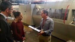 Freedman Seating Co. President Craig Freedman speaking to U.S. Department of Commerce Deputy Assistant Secretary Ted Dean and Mass Transit Assistant Editor Maile Bucher during a tour of the facility. Freedman Seating Co. President Craig Freedman speaking to U.S. Department of Commerce Deputy Assistant Secretary Ted Dean and Mass Transit Assistant Editor Maile Bucher during a tour of the facility.