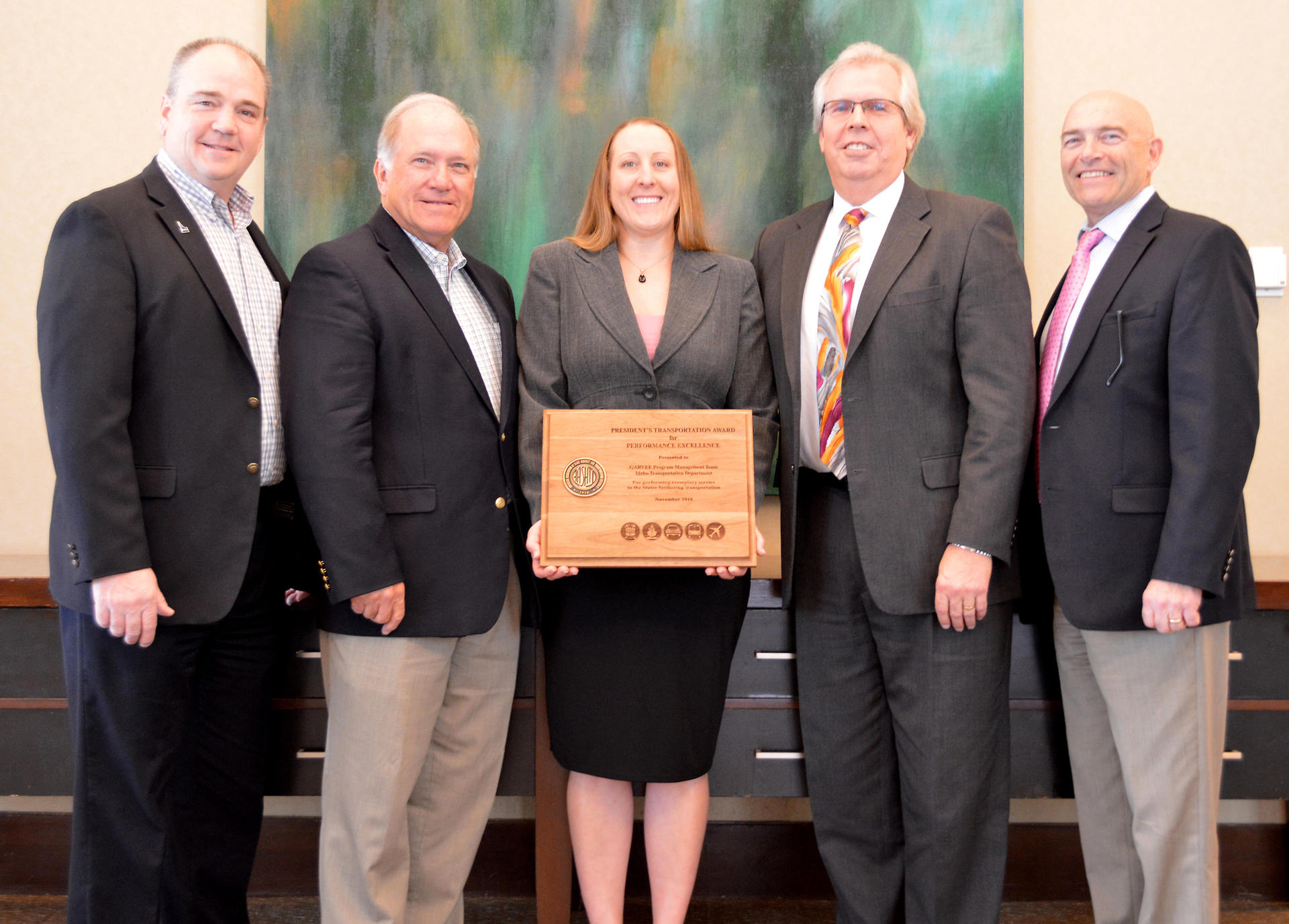The award was accepted by, from left to right in the photo: ITD Controller Dave Tolman, Idaho Transportation Board member Jim Coleman, ITD GARVEE Manager Amy Schroeder, Dave Butzier of AECOM and Connecting Idaho Partners, and ITD Chief Operations Officer Jim Carpenter.