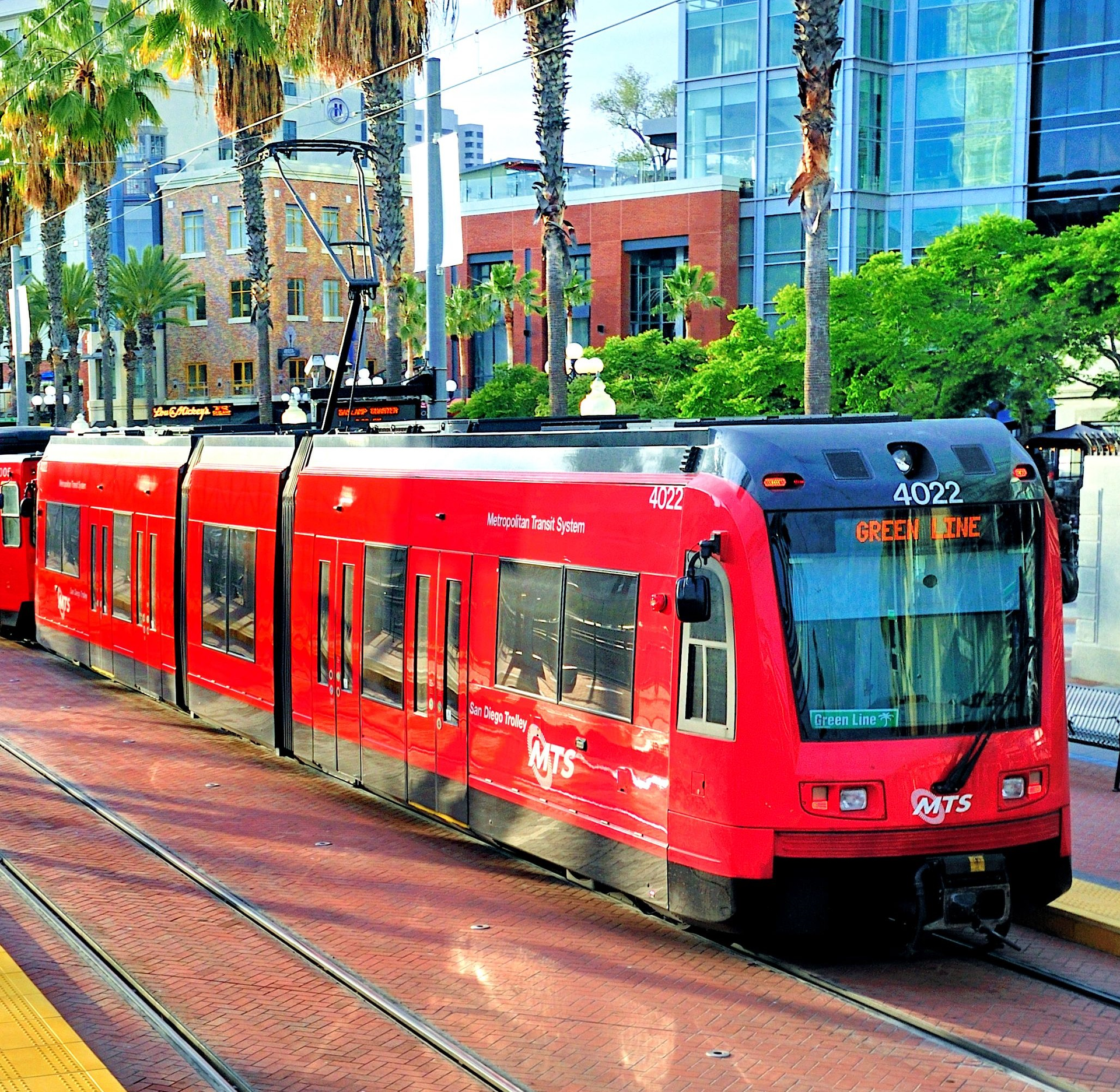 Low-floor Trolley at the Green Line&rsquo;s Gaslamp Quarter Station.