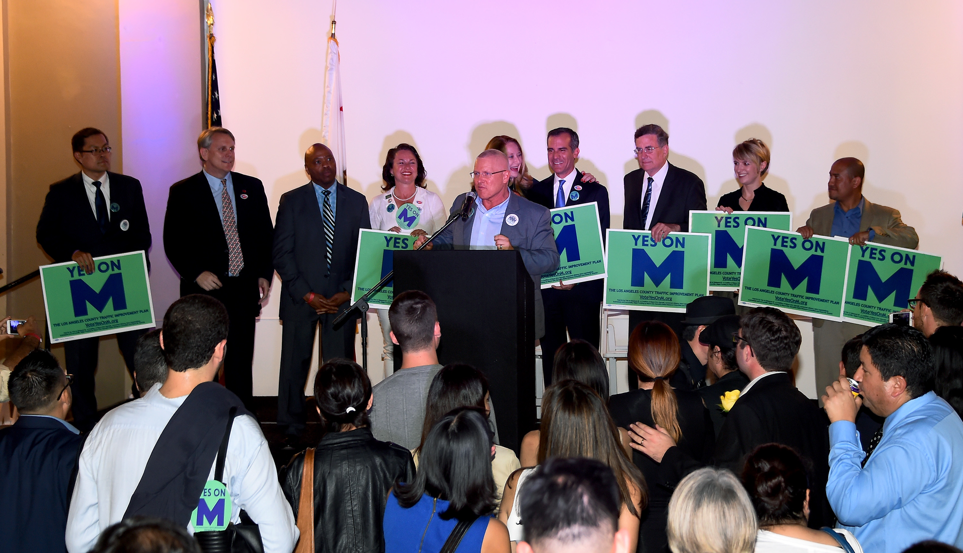 Metro Board Member and City of Los Angeles Council Member Mike Bonin speaks at a victory party in downtown Los Angeles.