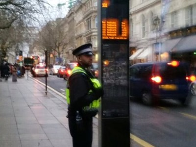A Safer Travel police officer patrolling Colmore Row in Birmingham.