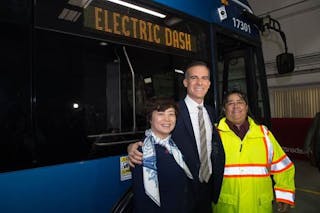 BYD America President Stella Li joins Los Angeles Mayor Eric Garcetti at the Launch of BYD Electric Buses Along LADOT&rsquo;s DASH Lines.