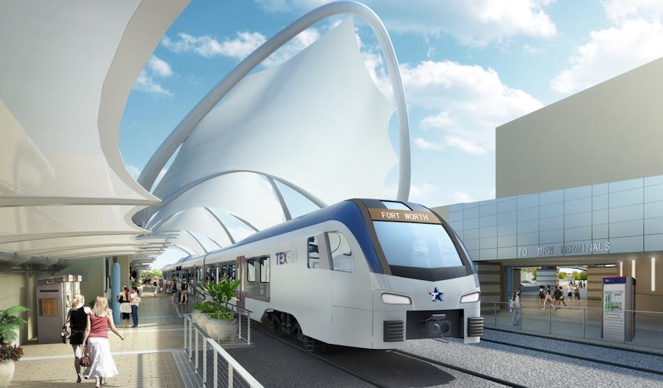 Design rendering by HKS Inc. of TEX Rail Station to be constructed at Dallas Fort Worth International Airport.