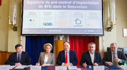 BYD press conference in Beauvais on Thursday, March 23, Isbrand Ho, Xavier Bertrand, Caroline Cayeux, Christian Sandowski, Philippe Vasseur and Didier Martin.