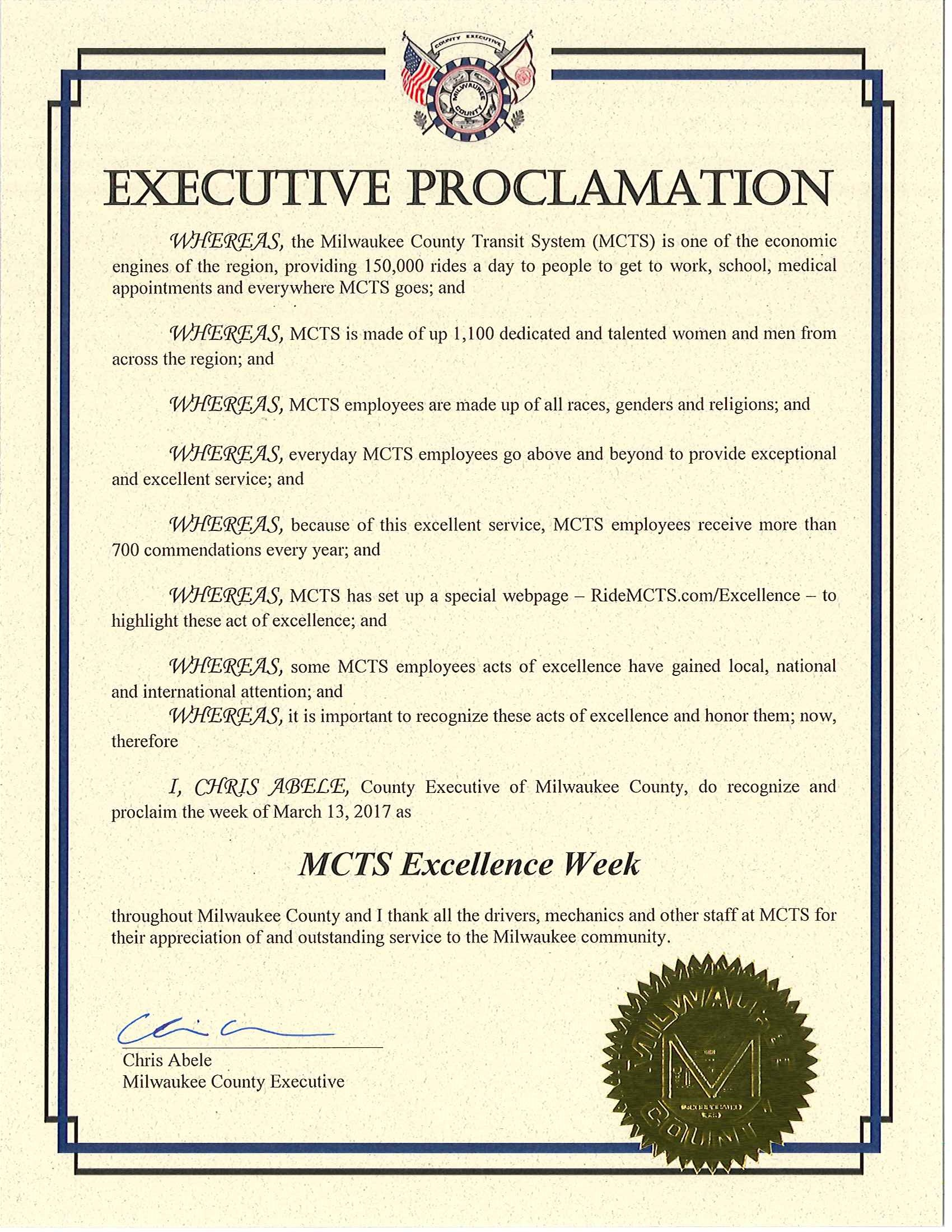 Chris Abele proclaimed the week of March 13th &ndash; 19th, MCTS Excellence Week.