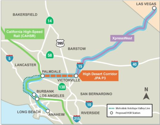 The proposed HSR rail line running from California to Las Vegas.