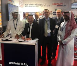 UK Rail Minister Paul Maynard MP attended the signing of a memorandum of understanding between Unipart Rail and Arabian Railway Company. UK Rail Minister Paul Maynard MP attended the signing of a memorandum of understanding between Unipart Rail and Arabian Railway Company.