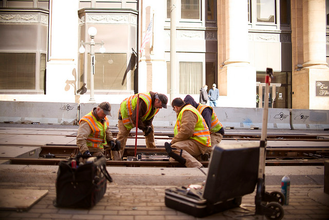 Track maintenance and repair on the light rail line.
