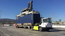 The BYD Class 8 yard truck, which can operate for 10+ hours between charges, on its way to Red Hook.