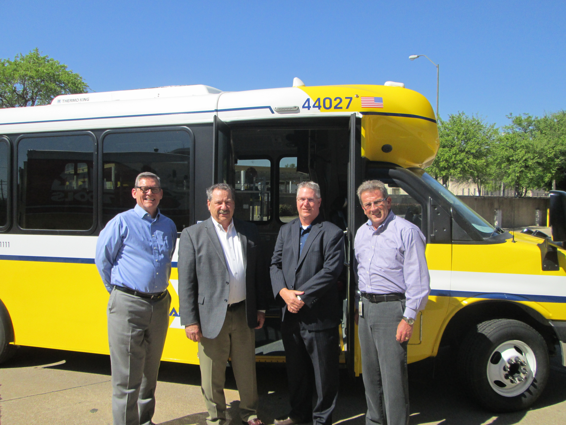 Pictured Left to Right: R.K. (Rocky) Rogers, assistant vice president of technical services - Dallas Area Rapid Transit. Don Roberts, president & CEO - Arboc Specialty Vehicles LLC. Ryan Frost, general manager - Creative Bus Sales in Texas. Michael C. Hubbell, vice president of maintenance - Dallas Dart