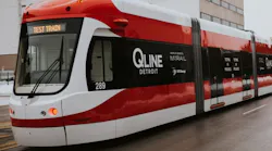 A Brookville Liberty Streetcar undergoes testing procedures along Detroit-based M-1 RAIL’s QLINE in early 2017.