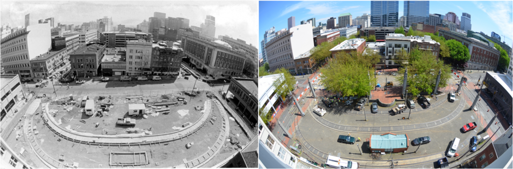 SW 11th Avenue, the original end to the first light rail line. 1986 & 2017.