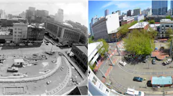 SW 11th Avenue, the original end to the first light rail line. 1986 & 2017.