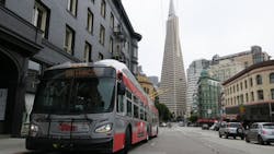 An Xcelsior XT60 IMC electric bus on service in San Francisco.