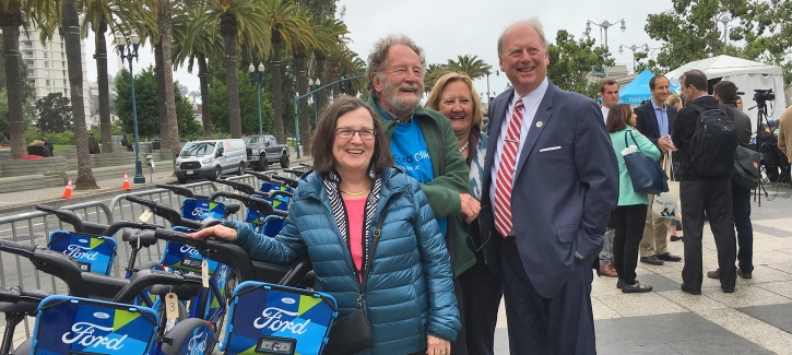 Celebrating the launch of Ford GoBike were MTC Commissioners (left to right) Julie Pierce, Jake Mackenzie (MTC chair), Amy Worth and Warren Slocum. Also on hand were Commissioners Alfredo Pedroza and Jane Kim.