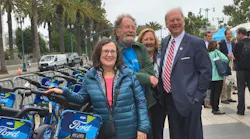 Celebrating the launch of Ford GoBike were MTC Commissioners (left to right) Julie Pierce, Jake Mackenzie (MTC chair), Amy Worth and Warren Slocum. Also on hand were Commissioners Alfredo Pedroza and Jane Kim.