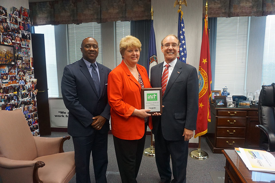 Pictured left to right: Steven Wright, director, Chesapeake Dept. of Economic Development, Linda Keith, chief financial officer, INIT Inc. and Chesapeake Mayor Alan P. Krasnoff.