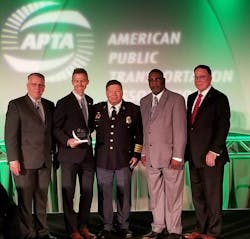 Pictured (left to right): APTA Chair Doran J. Barnes; MDOT MTA Acting Administrator Kevin Quinn; MDOT MTA Police Chief Colonel John E. Gavrilis; MDOT MTA Chief Safety Officer Phil Thomas; and APTA Acting President & CEO Richard A. White. Pictured (left to right): APTA Chair Doran J. Barnes; MDOT MTA Acting Administrator Kevin Quinn; MDOT MTA Police Chief Colonel John E. Gavrilis; MDOT MTA Chief Safety Officer Phil Thomas; and APTA Acting President & CEO Richard A. White.
