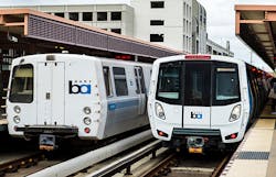Train from current fleet at left and a new train car, right, still in testing mode. Train from current fleet at left and a new train car, right, still in testing mode.