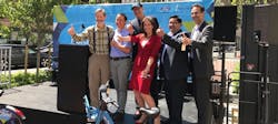 L to R: Emeryville Mayor Scott Donahue; Rene Rivera, Bike East Bay; Jay Walder, CEO of Motivate; Oakland Mayor Libby Schaaf; Berkeley Mayor Jesse Arreguin; and Ryan Russo, Oakland's director of transportation. L to R: Emeryville Mayor Scott Donahue; Rene Rivera, Bike East Bay; Jay Walder, CEO of Motivate; Oakland Mayor Libby Schaaf; Berkeley Mayor Jesse Arreguin; and Ryan Russo, Oakland's director of transportation.