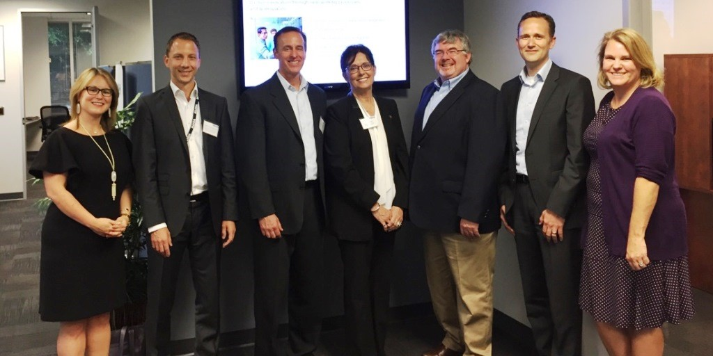 (From left to right) Ashley Cagle, Wake County Economic Development, Stephan Keuschnigg-Zingl, Voith Digital Solutions, Marc Begin, Voith Digital Solutions, Representative Cynthia Ball, N.C. House of Representatives, Darryl Stevenson, Voith Digital Solutions, Rene Habets, Voith Digital Solutions, and Jenn Bosser, city of Raleigh, Office of Economic Development and Innovation.