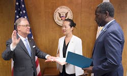 In this photo, Robert L. Sumwalt III (left) sworn in as the National Transportation Safety Board’s 14th Chairman during a brief ceremony held at NTSB headquarters on August 10, 2017. NTSB Board Member Bella T. Dinh-Zarr (center) NTSB Acting Managing Director Dennis Jones (right). In this photo, Robert L. Sumwalt III (left) sworn in as the National Transportation Safety Board’s 14th Chairman during a brief ceremony held at NTSB headquarters on August 10, 2017. NTSB Board Member Bella T. Dinh-Zarr (center) NTSB Acting Managing Director Dennis Jones (right).