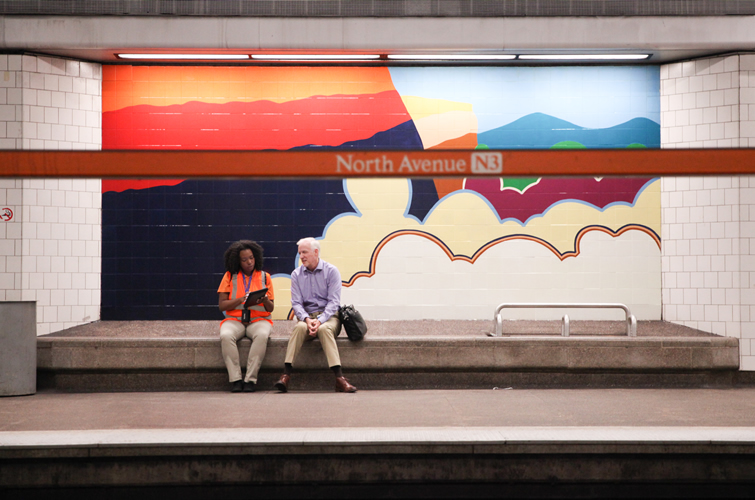 Artist Gordon Anderson's painted murals entitled 'Aerial Landscapes' at North Avenue Station.