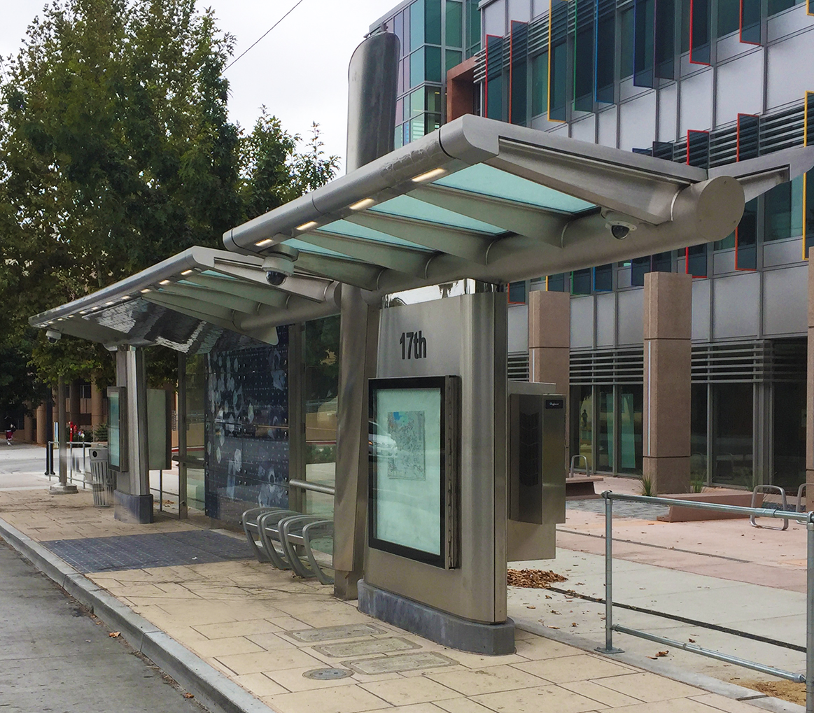 The 47-feet to 51-feet purpose-built BRT shelters reflect the character of the surrounding business corridor with stylishly modern sleek lines, brushed stainless steel cladding and rail barriers.