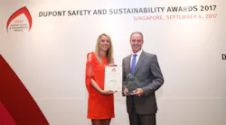 L to R: Mieke Jacobs, president of the Jury for the Dupont Safety and Sustainability Awards, presents the DuPont Global Safety Award to Mark Collins, BC Ferries’ president & CEO.