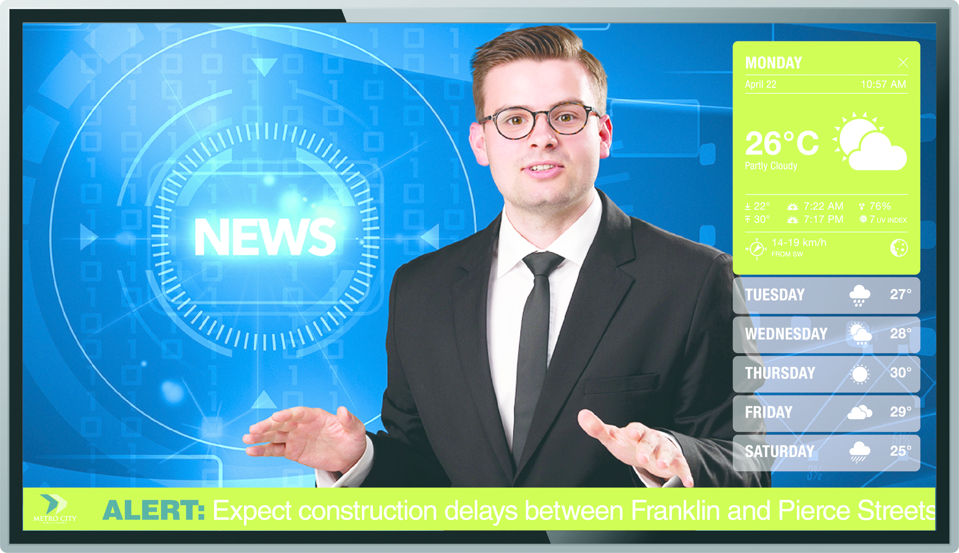 An infotainment display can provide riders with system alerts and update, and other useful information such as weather forecasts, recorded local news broadcasts, or GPS- or time-triggered advertising.