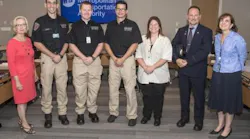 left to right, Susan G. Metzger, Chair Metro-North Railroad Committee; Andrew Seicol, Assistant Fire Chief, GCT Fire Brigade; James Tipa, Fire EMS Officer, GCT Fire Brigade; Jonathan Lee, Chief, GCT Fire Brigade; Danielle Bonge, Metro-North Railroad Engineer; John O'Brien, Metro-North Railroad Conductor; Catherine Rinaldi, Acting President, Metro-North Railroad.