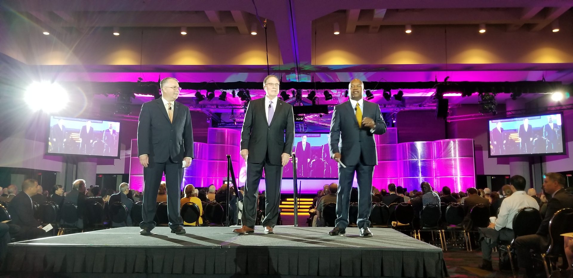 APTA Acting President & CEO Richard A. White; APTA Chair and Foothill Transit Executive Director Doran Barnes; and APTA Vice Chair and Jacksonville Transportation Authority Chief Executive Officer Nathaniel P. Ford, Sr. give opening remarks at the APTA EXPO opening general session.