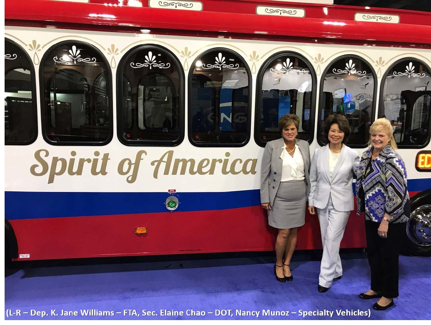 L-R: Dep. K. Jane Williams, FTA; Sec. Elaine Chao, DOT; Nancy Munoz, Specialty Vehicles.