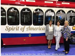 L-R: Dep. K. Jane Williams, FTA; Sec. Elaine Chao, DOT; Nancy Munoz, Specialty Vehicles. L-R: Dep. K. Jane Williams, FTA; Sec. Elaine Chao, DOT; Nancy Munoz, Specialty Vehicles.