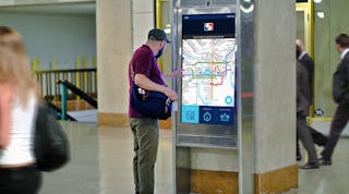 Intersection&rsquo;s interactive kiosk at Southeastern Pennsylvania Transportation Authority&apos;s Suburban Station. By generating data that helps transit agencies understand the real-time status of their system, they can respond to customer needs. Kiosks can combine interactive wayfinding, service changes, and real-time arrivals customized to the station or platform where the kiosk is located.