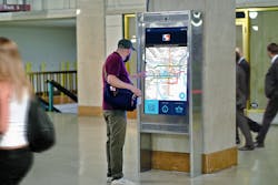 Intersection’s interactive kiosk at Southeastern Pennsylvania Transportation Authority's Suburban Station. By generating data that helps transit agencies understand the real-time status of their system, they can respond to customer needs. Kiosks can combine interactive wayfinding, service changes, and real-time arrivals customized to the station or platform where the kiosk is located. Intersection’s interactive kiosk at Southeastern Pennsylvania Transportation Authority's Suburban Station. By generating data that helps transit agencies understand the real-time status of their system, they can respond to customer needs. Kiosks can combine interactive wayfinding, service changes, and real-time arrivals customized to the station or platform where the kiosk is located.