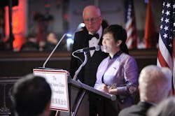 Stella Li, president of BYD Motors Inc., speaking at the U S China Policy Foundation gala dinner. Stella Li, president of BYD Motors Inc., speaking at the U S China Policy Foundation gala dinner.