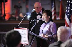 Stella Li, president of BYD Motors Inc., speaking at the U S China Policy Foundation gala dinner.