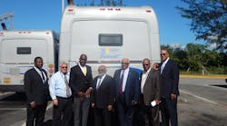 (L-R) Alex Linton, Barbados Transit Authority director; James Fourcade, BCT director of maintenance; Michael Lashley, Barbados minister of Transportation; Abdul Pandor, Barbados Transport Authority chairman; Barbados Consul General Colin Mayers; Corwin Gibbs, BCT director of bus operations; and Chris Walton, director of Broward County Transportation.