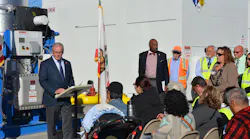 Omnitrans CEO/General Manager P. Scott Graham addresses crowd at CNG fueling system completion.